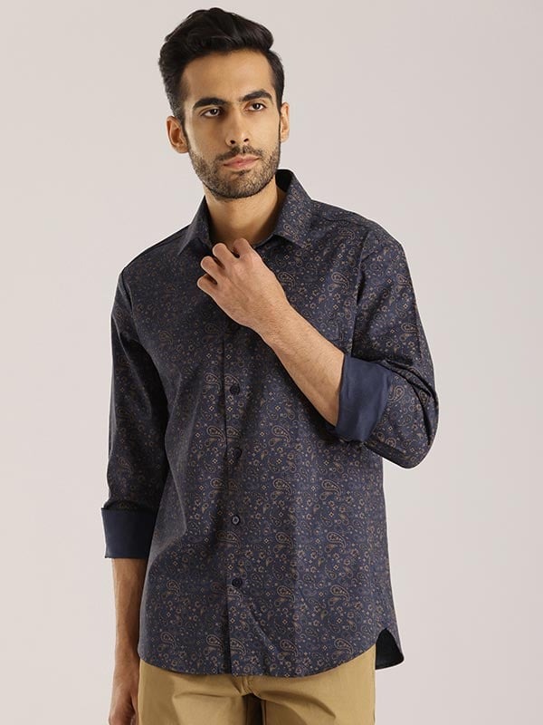 Indian Terrain Men Paisley Dark Blue Shirt